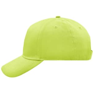 A bright yellow 5 panel cap with a curved peak and a logo on the side.