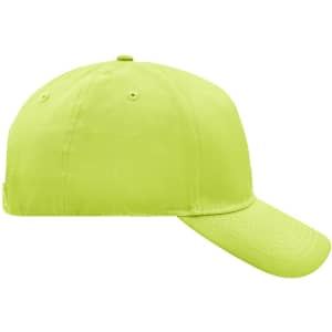A bright yellow 5 panel cap with a curved brim and a logo on the front, showcasing a simple design.