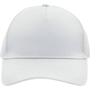 A white 5 panel cap featuring a curved peak and a logo on the front.