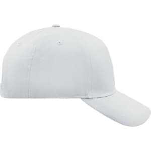 A white 5 panel cap with a curved brim and an adjustable strap at the back, featuring a logo.