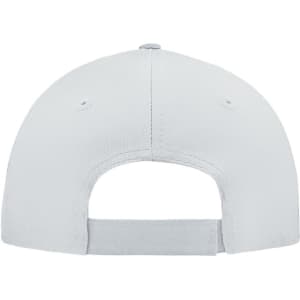 A 5-panel cap in a light grey colour, featuring a back strap and ventilation eyelets. It has a logo on the side.