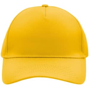 A yellow 5-panel cap with a rounded crown and a stiff brim. It features a logo on the front.