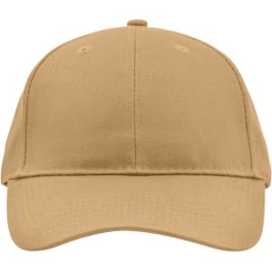 A tan brushed 6 panel cap featuring a curved brim and an adjustable strap at the back. The cap includes a logo.