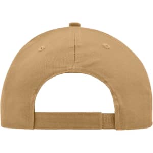 A brushed 6-panel cap in a tan colour, featuring a rear adjustment strap and a logo on the back.