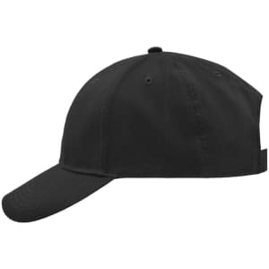 A black brushed cap features a six-panel design and a back adjustment strap, ideal for casual wear.