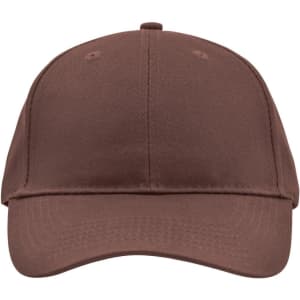 A brown brushed 6-panel cap featuring a curved brim and a logo on the front.
