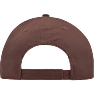A brown brushed 6 panel cap featuring an adjustable strap and a logo on the back.