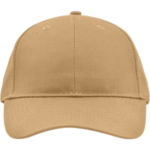 A beige brushed six-panel cap featuring a front panel and a curved brim, with a logo on the side.