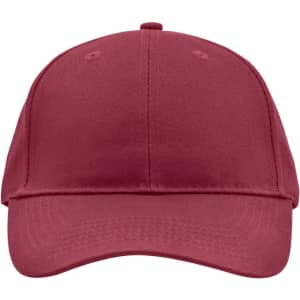 A burgundy brushed six-panel cap with a logo on the front and a curved brim.