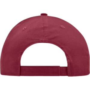 A maroon brushed 6 panel cap featuring a rear closure and branding on the inside.