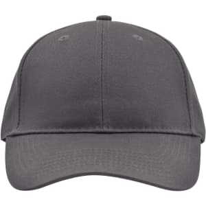 A grey brushed 6 panel cap featuring a curved brim and an adjustable back. It has a logo on the front.