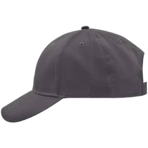 A grey brushed 6 panel cap featuring a curved brim and an adjustable strap at the back, with a branding logo.