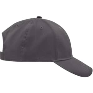 A grey brushed six-panel cap featuring a curved peak and an adjustable strap at the back. It has a logo present.