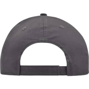 A brushed grey 6 panel cap featuring an adjustable strap and a logo on the back.
