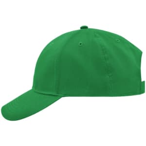 A green brushed 6 panel cap with a curved brim and a branding logo on the side.
