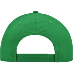 A green brushed 6 panel cap featuring a rear adjustable strap and logo on the back.