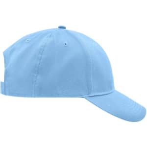 A blue brushed 6 panel cap featuring a curved brim and an adjustable strap at the back. It has a logo.