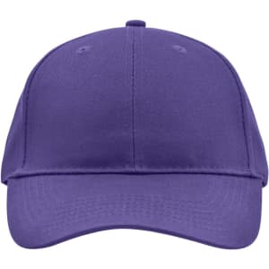 A purple brushed 6 panel cap featuring a curved peak and a logo on the front.