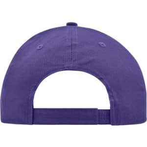 A purple brushed 6 panel cap featuring an adjustable strap and a logo on the back.