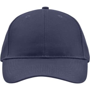 A navy blue brushed six panel cap with a curved brim and an adjustable strap at the back. It features a logo.