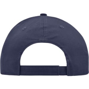 A navy blue brushed 6 panel cap with a rear adjustable strap and a logo on the back.