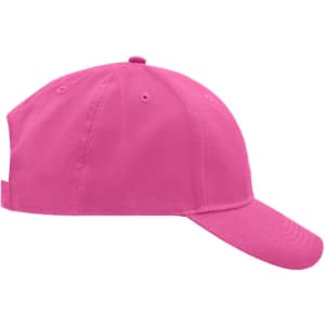 A pink brushed 6-panel cap with a curved brim and an adjustable strap at the back. Features a logo.