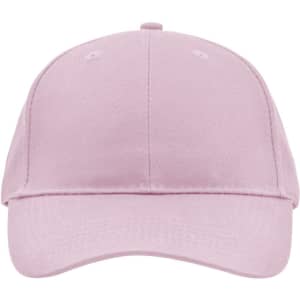 A pink brushed 6 panel cap featuring a curved brim and an adjustable strap at the back. It has a logo.