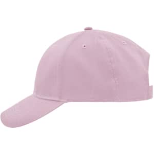 A pink brushed 6-panel cap featuring a curved brim and a logo on the side.