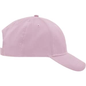A brushed pink 6-panel cap with a curved brim and an adjustable strap at the back, featuring a logo.