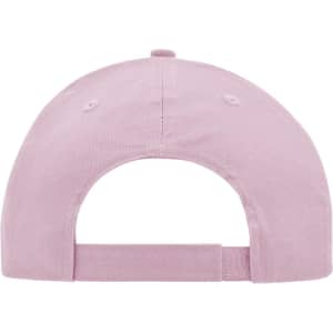 A pink brushed six-panel cap featuring an adjustable strap and a logo on the rear.