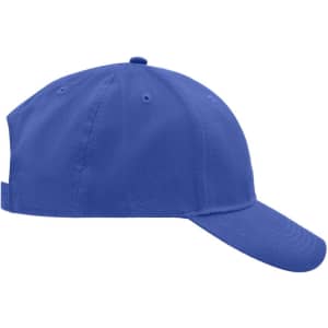 A blue brushed six-panel cap featuring a curved brim and a logo on the side.