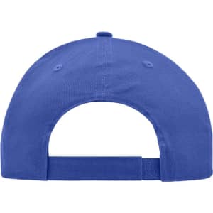A blue brushed six-panel cap featuring a back closure and branding.