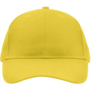A yellow brushed 6 panel cap featuring a logo on the front. Ideal for casual wear or promotional events.
