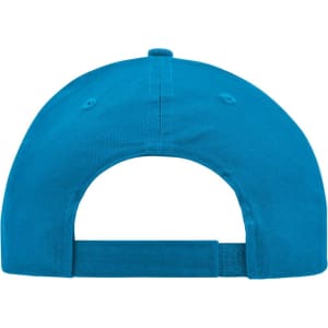 A bright blue brushed 6 panel cap with a flat brim and an adjustable strap at the back. The cap features a logo.