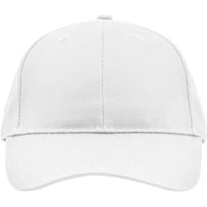 A white brushed 6-panel cap featuring a curved brim and an adjustable strap at the back, with a logo present.
