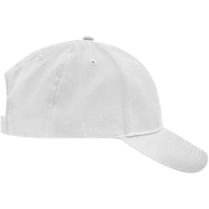 A white brushed six-panel cap with a curved brim and a logo on the side.