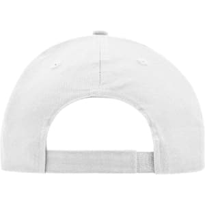 A white brushed 6 panel cap featuring a rear adjustable strap and a logo.