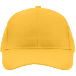 A yellow brushed 6 panel cap with a curved peak and a logo on the front.