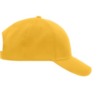 A yellow brushed 6 panel cap featuring a curved brim and an adjustable strap at the back. Includes a logo.