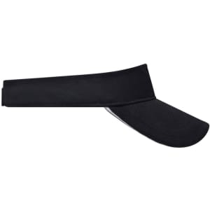 A black sandwich sunvisor with a broad brim and a strap, featuring a branding logo on the side.