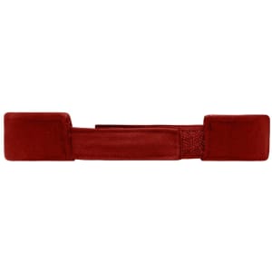 A red sandwich sunvisor with a flat design and soft fabric texture, featuring a branding logo.