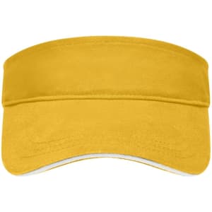 A yellow sandwich sun visor featuring a wide brim and a logo on the front.