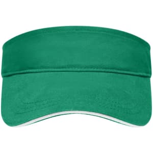 A green visor hat with a wide brim, featuring a simple design and a logo on the front.