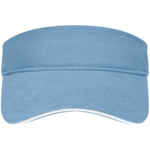 A blue sun visor with a wide brim and a smooth fabric finish, featuring a logo on the front.