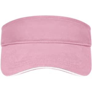 A pink sun visor with a wide brim and an adjustable design, featuring a logo on the front.