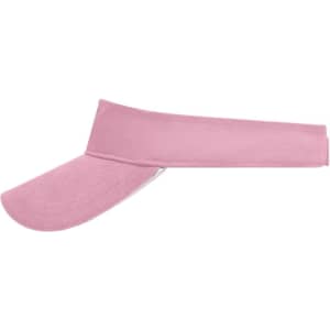 A pink sandwich sunvisor with a wide brim and a band for secure fit. It features a logo on the side.