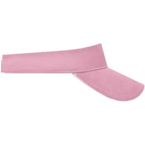 A pink sandwich sun visor featuring a wide brim and a fitted headband. It also includes a logo.