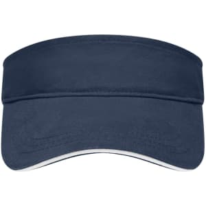 A navy blue sandwich sunvisor featuring a wide brim and a white underside. It has a logo displayed on it.