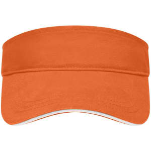 An orange sunvisor with a wide brim, featuring a simple design and a logo on the front.