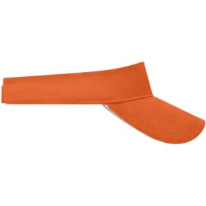 An orange visor with a wide brim and adjustable strap, featuring a logo on the side.